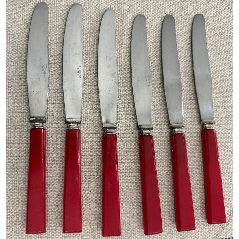 Vtg Bakelite Red Handle Stainless Steel Knives Set of 6 Mid Century Modern Knife